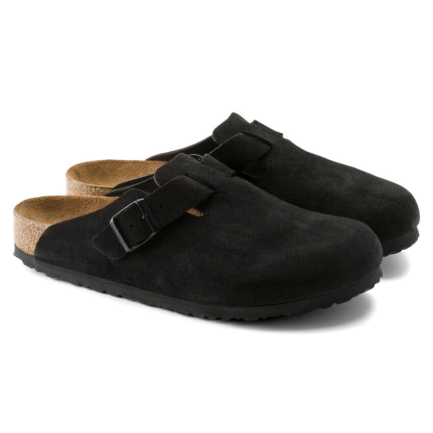 BIRKENSTOCK BOSTON SUEDE SOFT FOOTBED CLOG - BLACK