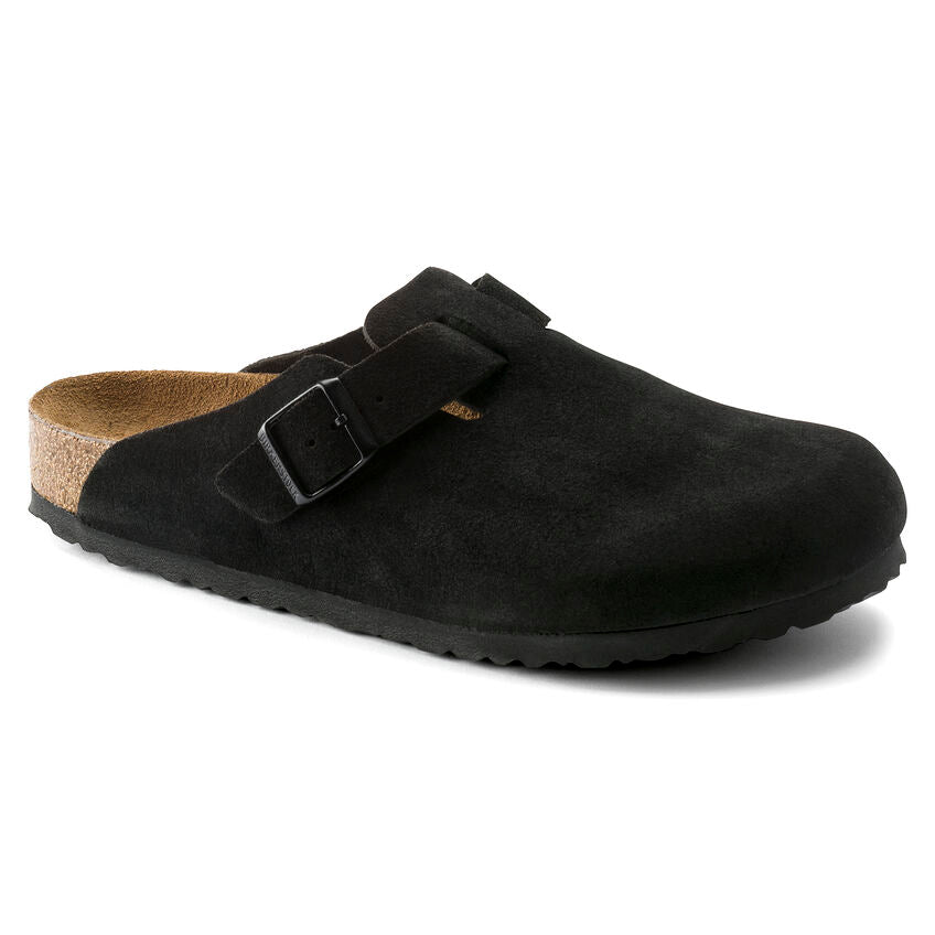 BIRKENSTOCK BOSTON SUEDE SOFT FOOTBED CLOG - BLACK