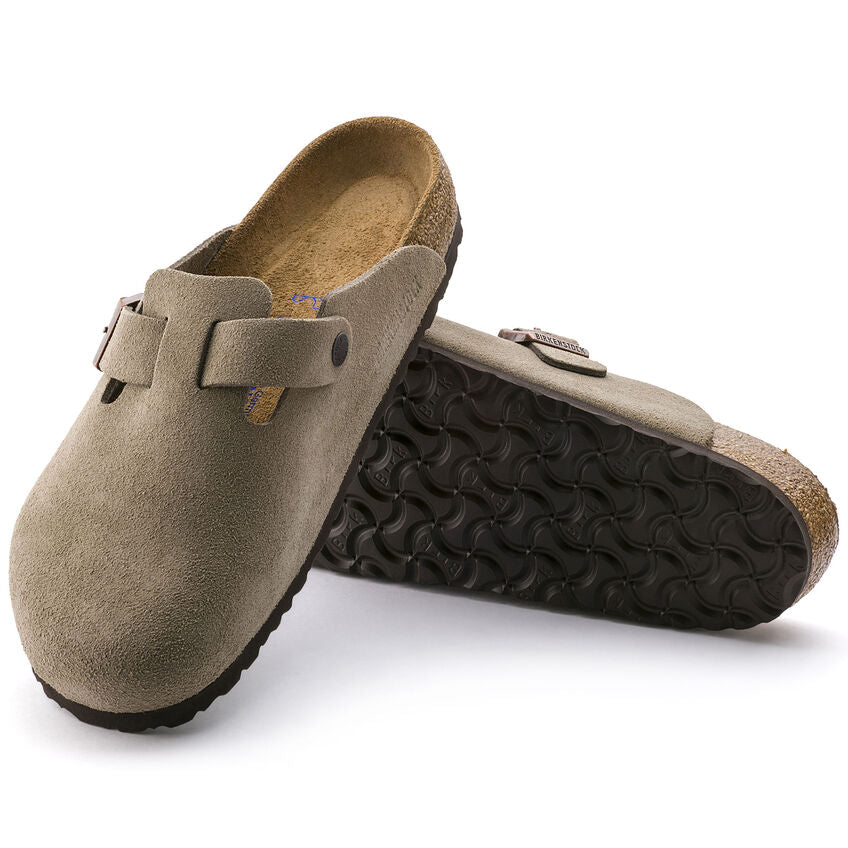 BIRKENSTOCK BOSTON SUEDE SOFT FOOTBED CLOG - TAUPE